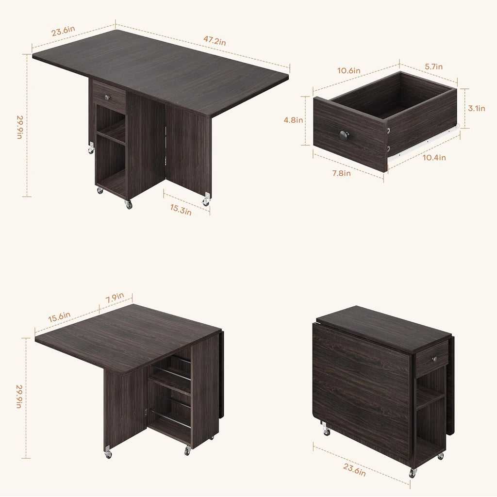 Jocoevol Space Saving Folding Dining Table for 4, Foldable Dining Table with Drawer and Storage Shelf, 6 Wheels Drop Leaf Kitchen Dining Room Table for Small Space (Walnut, 47.2" x 23.6" x 29.9")