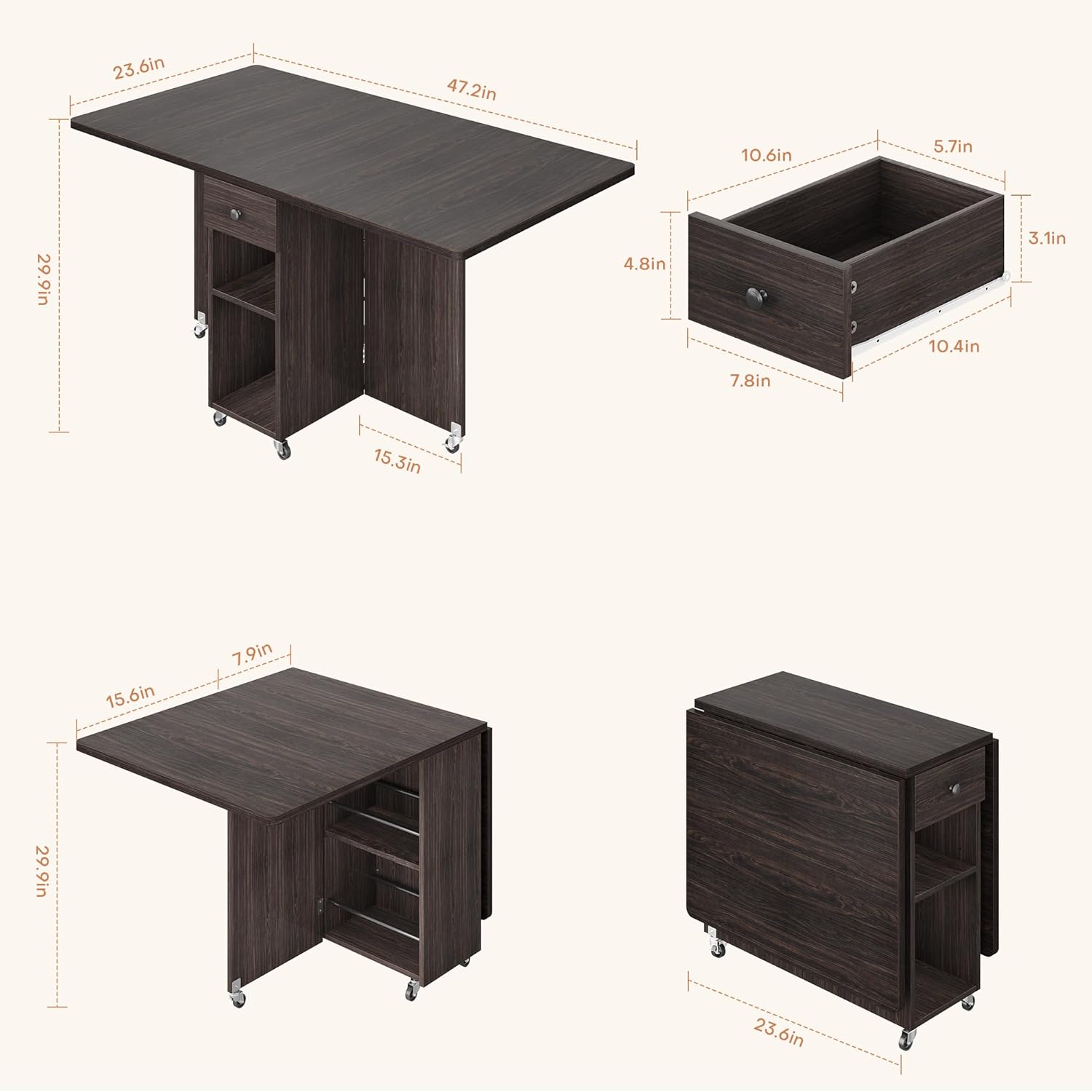 Jocoevol Space Saving Folding Dining Table for 4, Foldable Dining Table with Drawer and Storage Shelf, 6 Wheels Drop Leaf Kitchen Dining Room Table for Small Space (Walnut, 47.2" x 23.6" x 29.9")