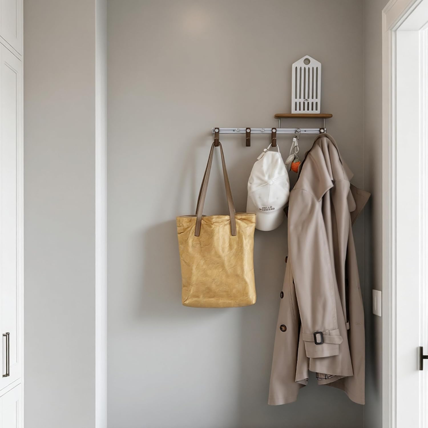 Wall Mounted Coat Rack with Shelf, Modular Entryway Hooks Organizer, Adjustable Aluminum Rail with Wooden Hooks, Expandable Storage for Entryway, Hallway, Mudroom