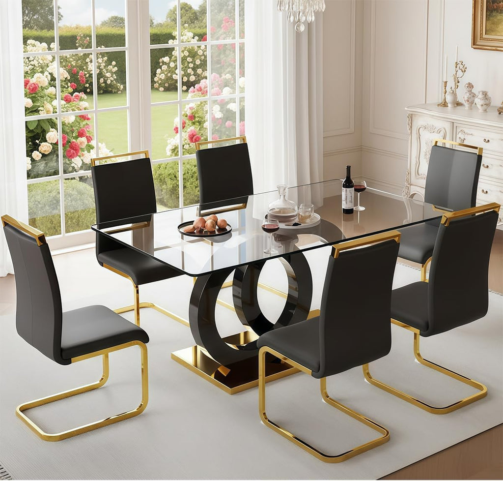 Ebullient Glass Dining Table Set for 6, Modern Tempered Glass Kitchen Table Set with OC Design Leg and Metal Base, 7 Piece Dining Table Set with 6 PU Leather Upholstered Chairs for Kitchen