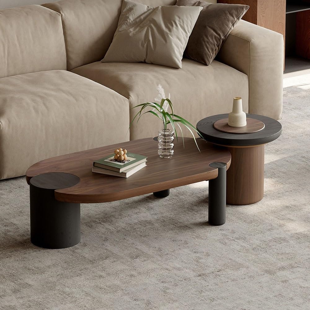 Mobile Side Table Modern Wooden Nesting Coffee Table Set Oval & Round Living Room Office Contrast Finish