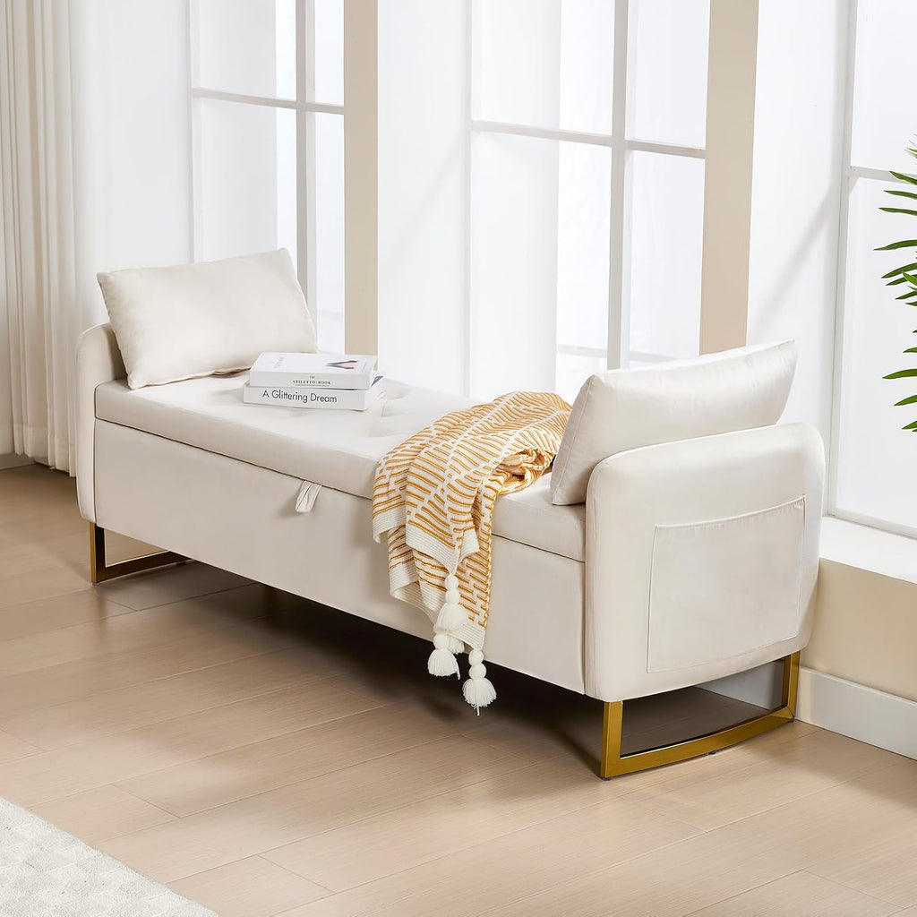 48" End of Bed Bench, Modern Storage Benches with Button-Tufted, Velvet Upholstered Storage Ottoman Bench for Foot of Bed with Arms, Gold Legs Window and Entryway, Beige