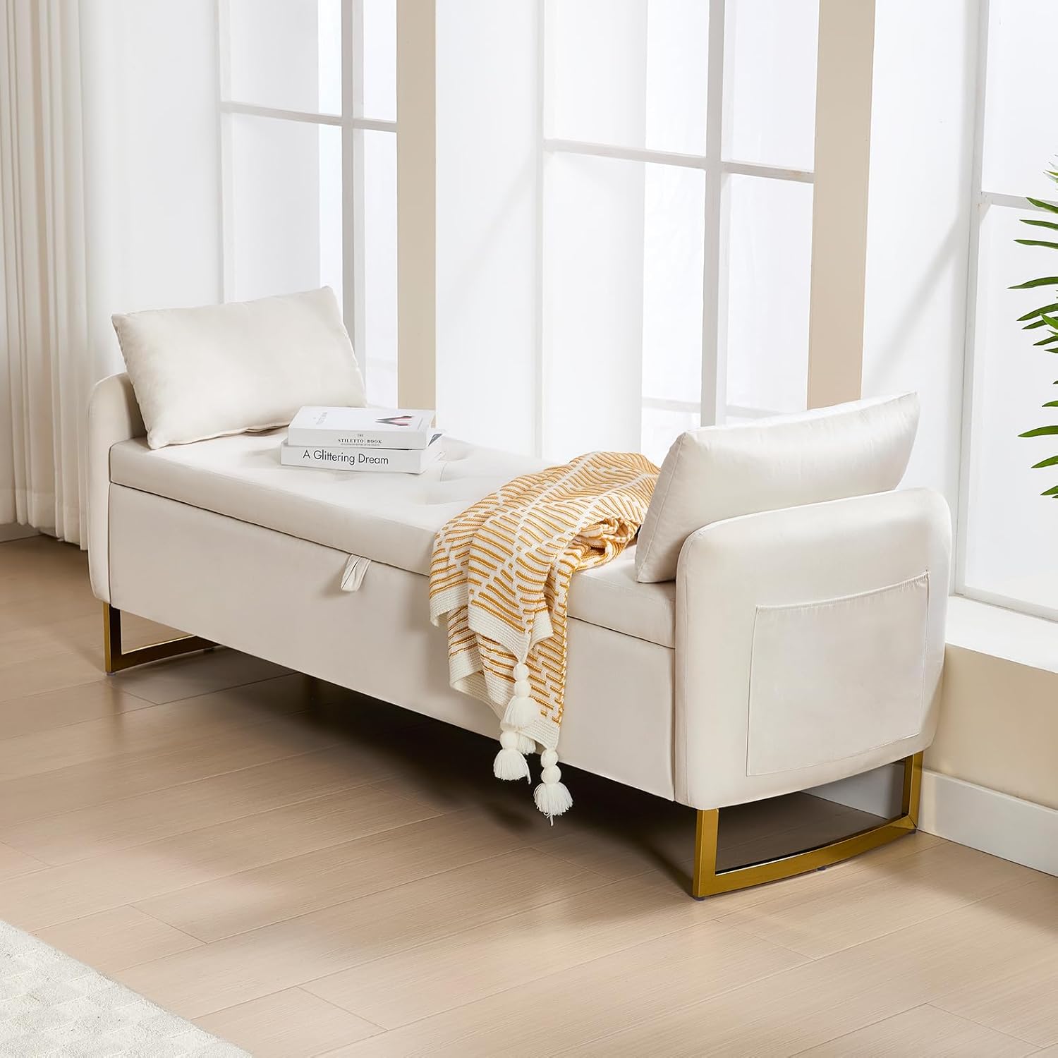 48" End of Bed Bench, Modern Storage Benches with Button-Tufted, Velvet Upholstered Storage Ottoman Bench for Foot of Bed with Arms, Gold Legs Window and Entryway, Beige