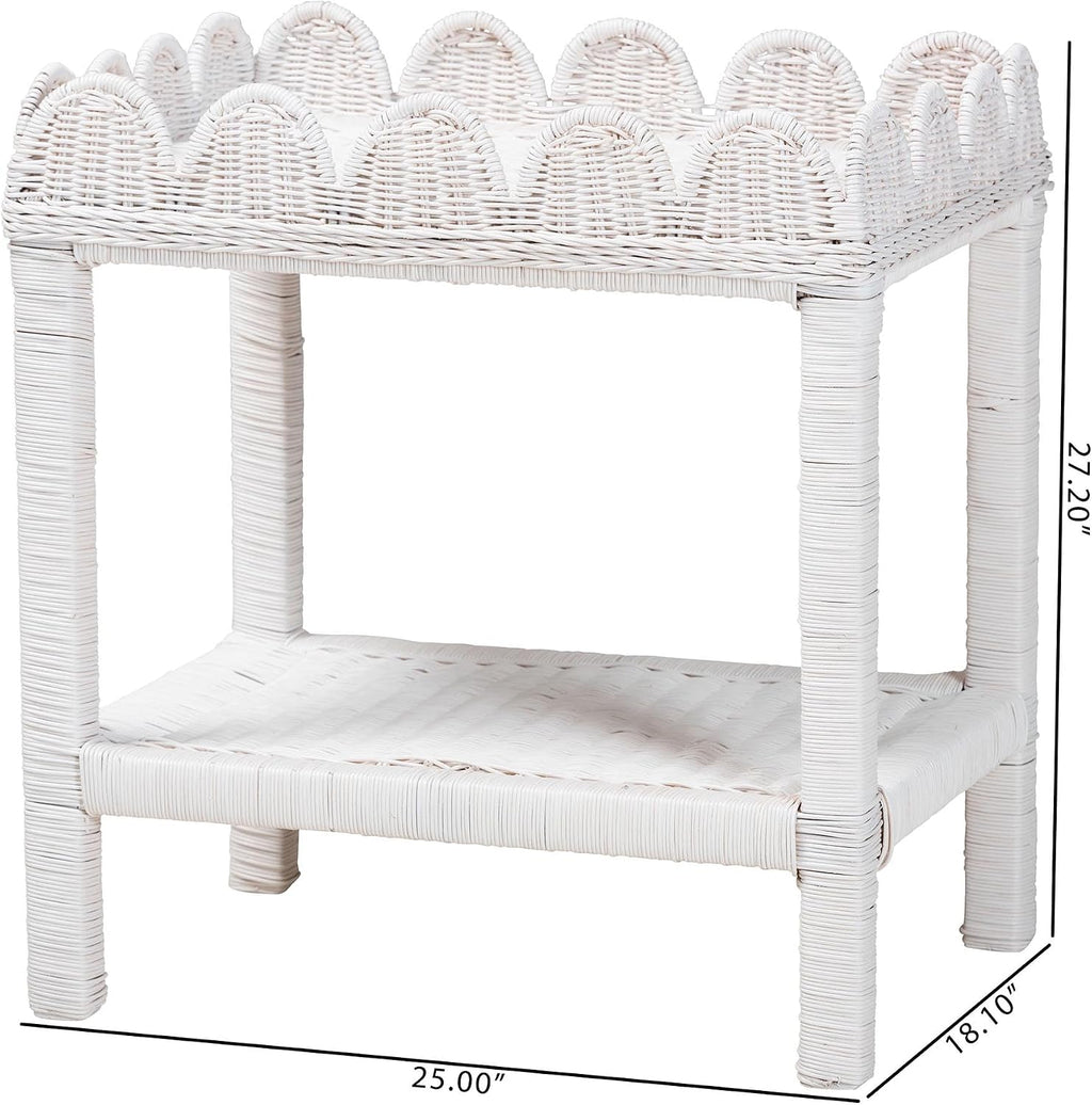 Bali & pari Sumana Natural Rattan Side Table - Handwoven Wicker 2-Tier Accent End Table with Scalloped Tray Top for Living Room, White