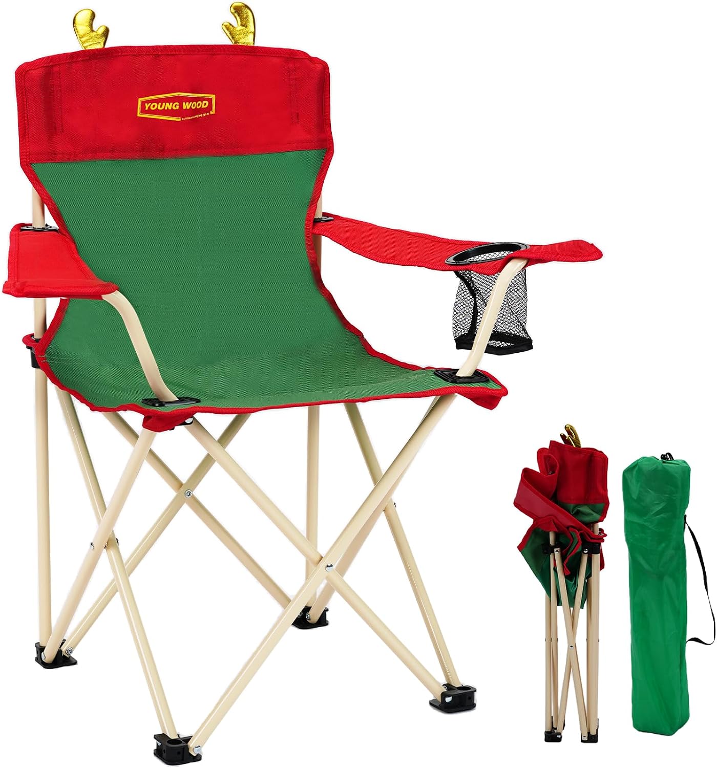 YOUNG WOOD Portable Camping Chair Beach Chair Outdoor Foldable Chair, Included Mesh Cup Holder & Safety Lock to Avoid Pinch Hand, Suitable for Christmas, Camp, Party, with Carrying Bag, Ages 2 to 7