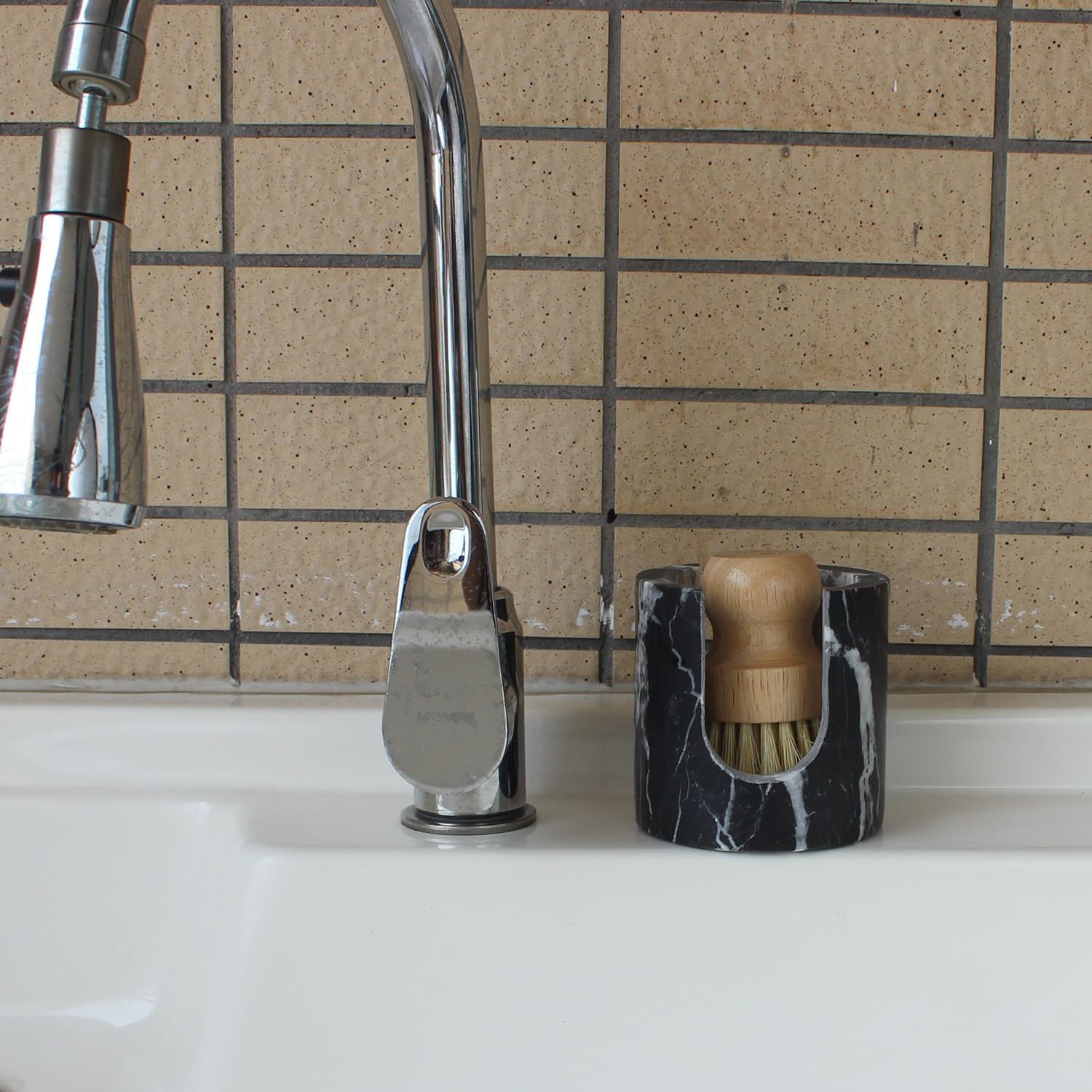 Natural Travertine Sponge Holder for Kitchen Sink, Drying Rack, Compact Sink Caddy Organizer - Nero Portoro Marble