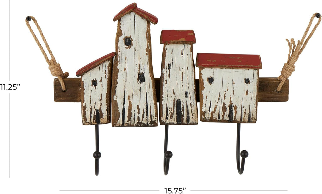 Deco 79 Wood Handmade Distressed House 3 Hanger Wall Hook with Red Roof Accents and Hanging Rope, 16" x 3" x 11", Cream