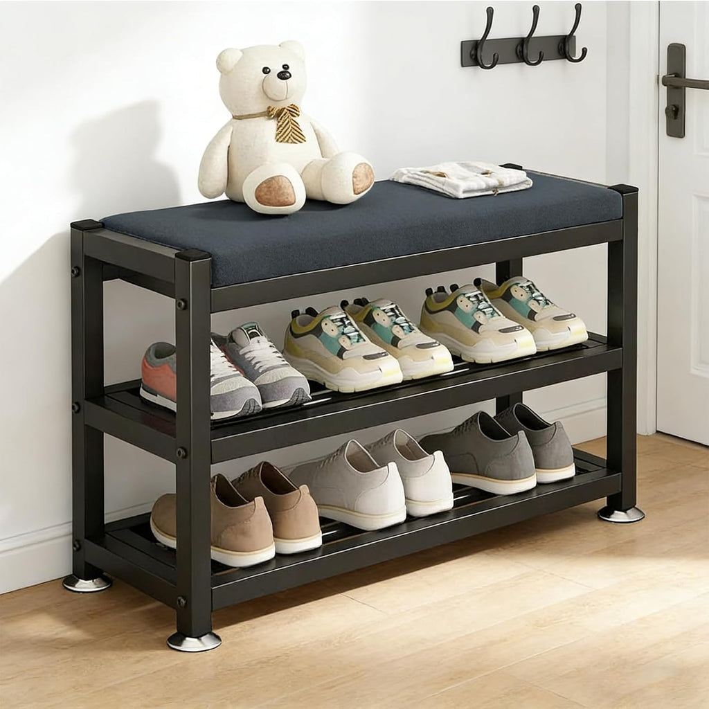 2-Tier Shoe Bench with Padded Cushion, 12-Pair Entryway Storage with Sturdy Metal Frame, Space-Saving Shoe Rack with Seat, Gray, 31.9x12x19.3 Inches