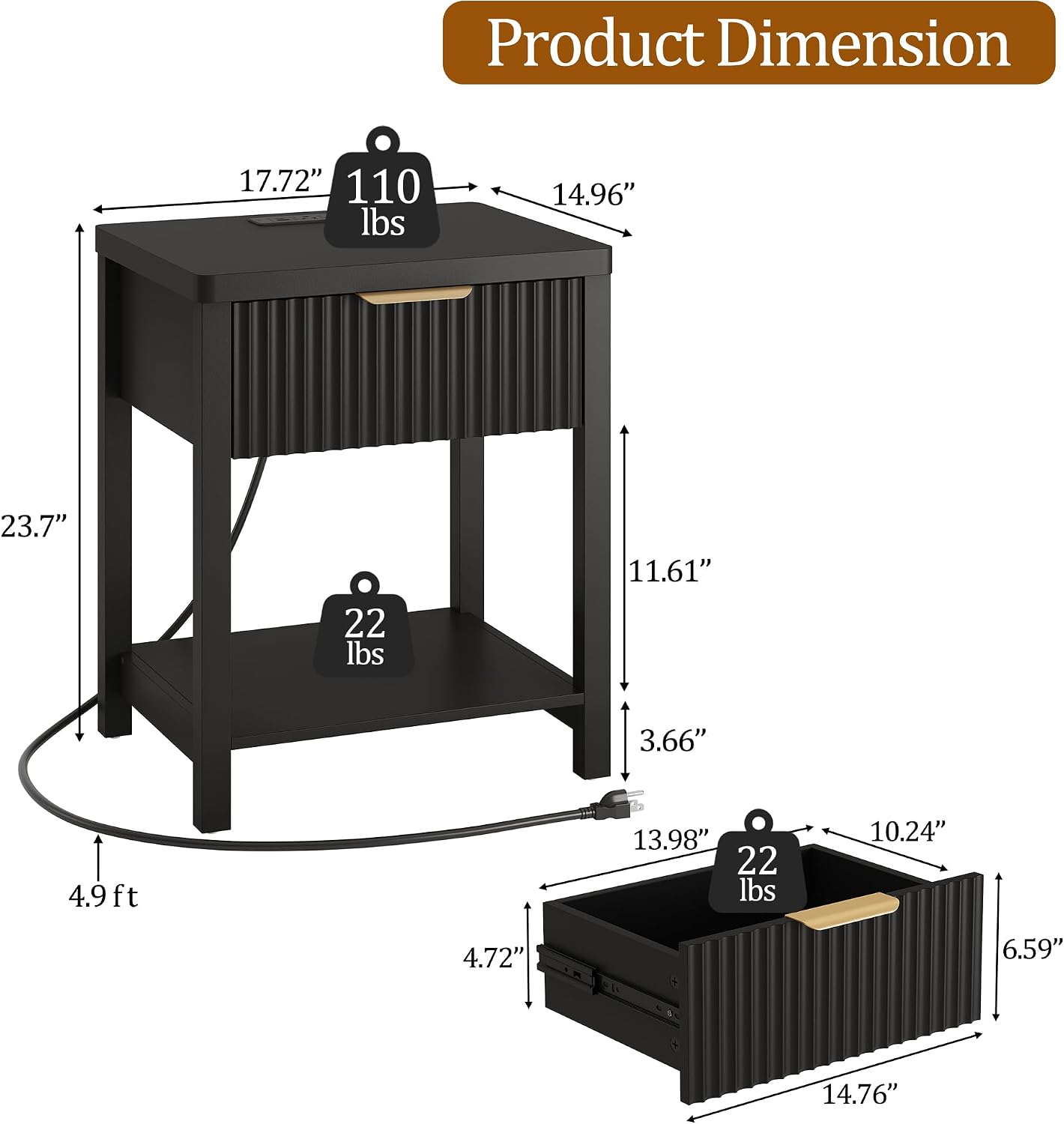 Fultyle Night Stand with Drawer, Mid Century Nightstand with Storage, Modern Fluted Bedside Table Bedroom Living Room for Small Space, Office, Black