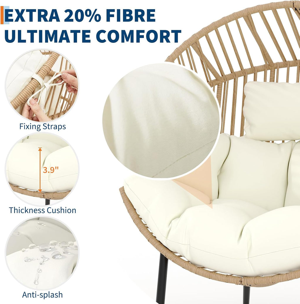 Outdoor Wicker Egg Chair, Oversized Ergonomic Rattan Lounge Rocker with Extra-Soft Pillow and Thick Cushion for Indoor & Outdoor, Living Room, Backyard & Garden – Cream Cushion, Natural Wicker Frame