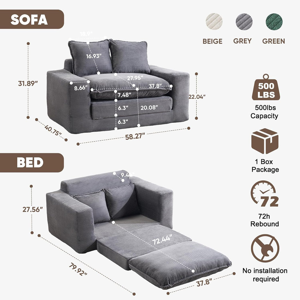 58" Sofa Bed, 2 in 1 Folding Convertible Sofa Bed Corduroy Boneless Loveseat Floor Sleeper Mattress Futon Couch Bed No Assembly for Apartment Bedroom Living Room 58-Grey