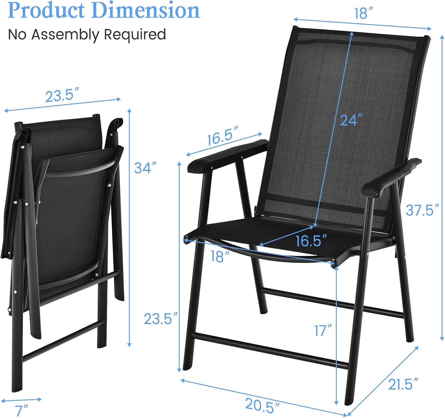 Tangkula Set of 6 Patio Folding Chairs, Outdoor Fabric Dining Chairs with High Back & Armrests, Sturdy Metal Frame for Patio Lawn Garden (Black)