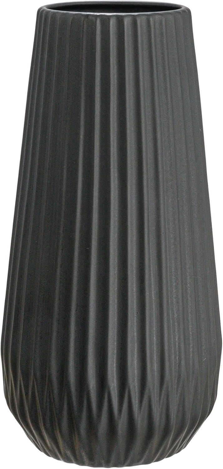 Bloomingville Round Stoneware Fluted Vase with Embossed Lines, Matte Black
