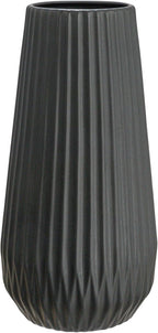 Bloomingville Round Stoneware Fluted Vase with Embossed Lines, Matte Black