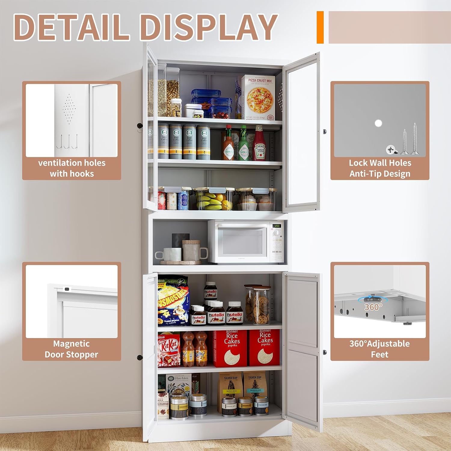 27.56” Metal Pantry Cabinet, 72" H Kitchen Pantry Storage Cabinet with 4 Doors and Adjustable Shelves, Freestanding Buffet Cupboards for Living Room and Dinning Room, White B