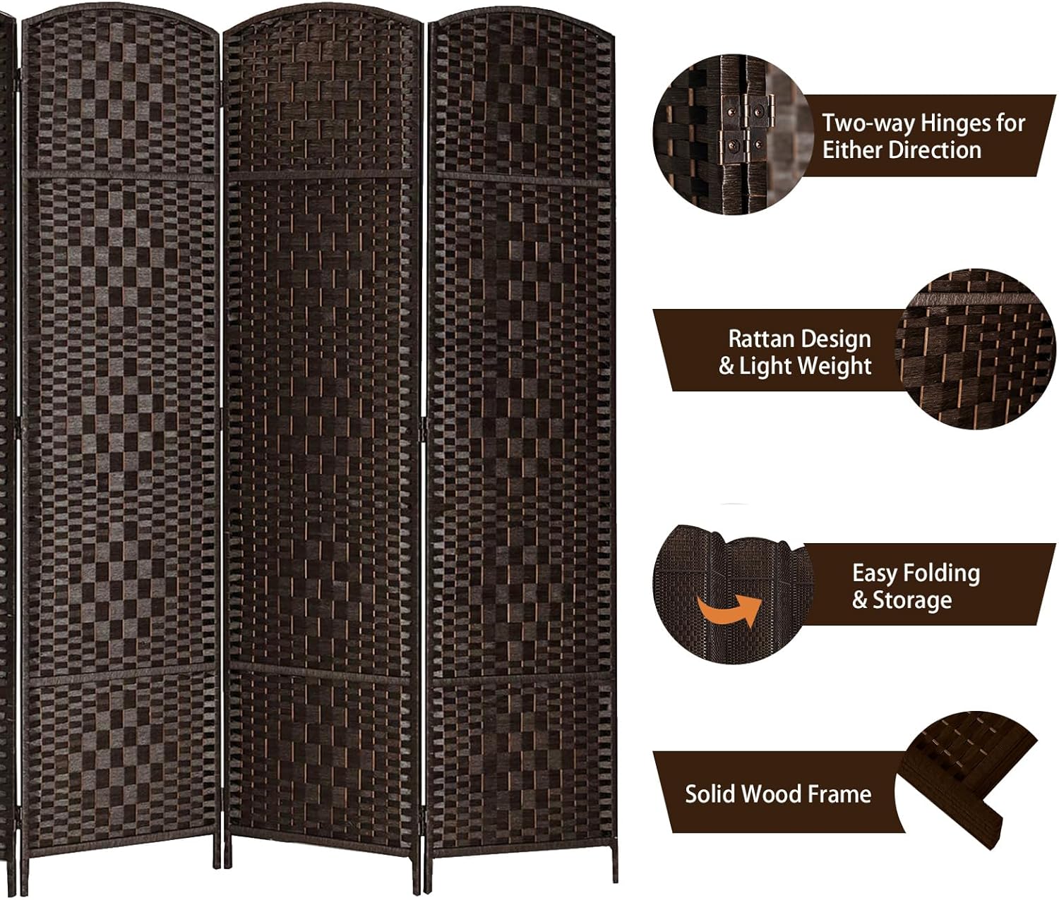 Rose Home Fashion Room Divider, 6 ft Tall Room Dividers and Folding Privacy Screens, 16in Privacy Screen 6 Panel Dark Coffee Space Temporary Wall Foldable Partition Separation