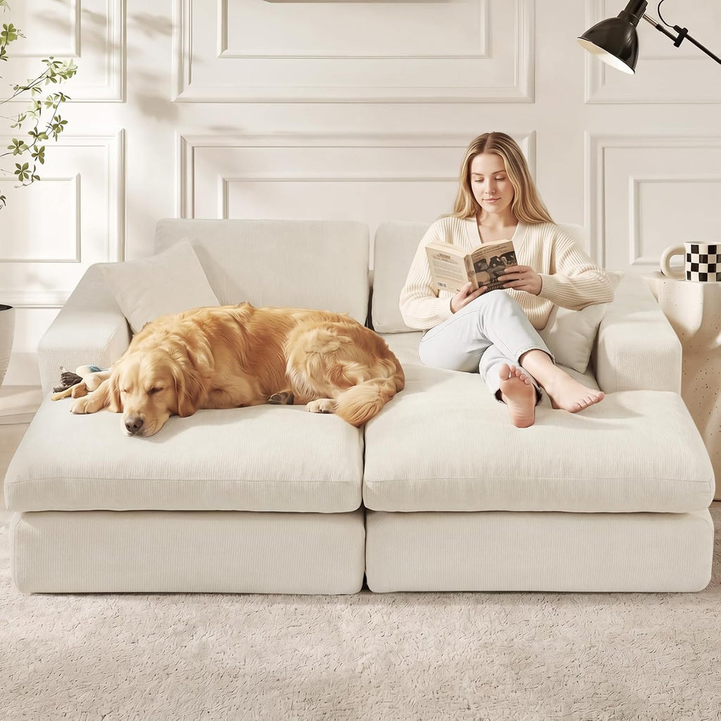 80.7" Oversized Double Chaise Lounge Chair Indoor, Cloud Boneless Sleeper Sofa Bed with 4 Pillows, Extra Deep Seat Cozy Loveseat Couch for Living Room Bedroom, No Assembly Required (Beige)