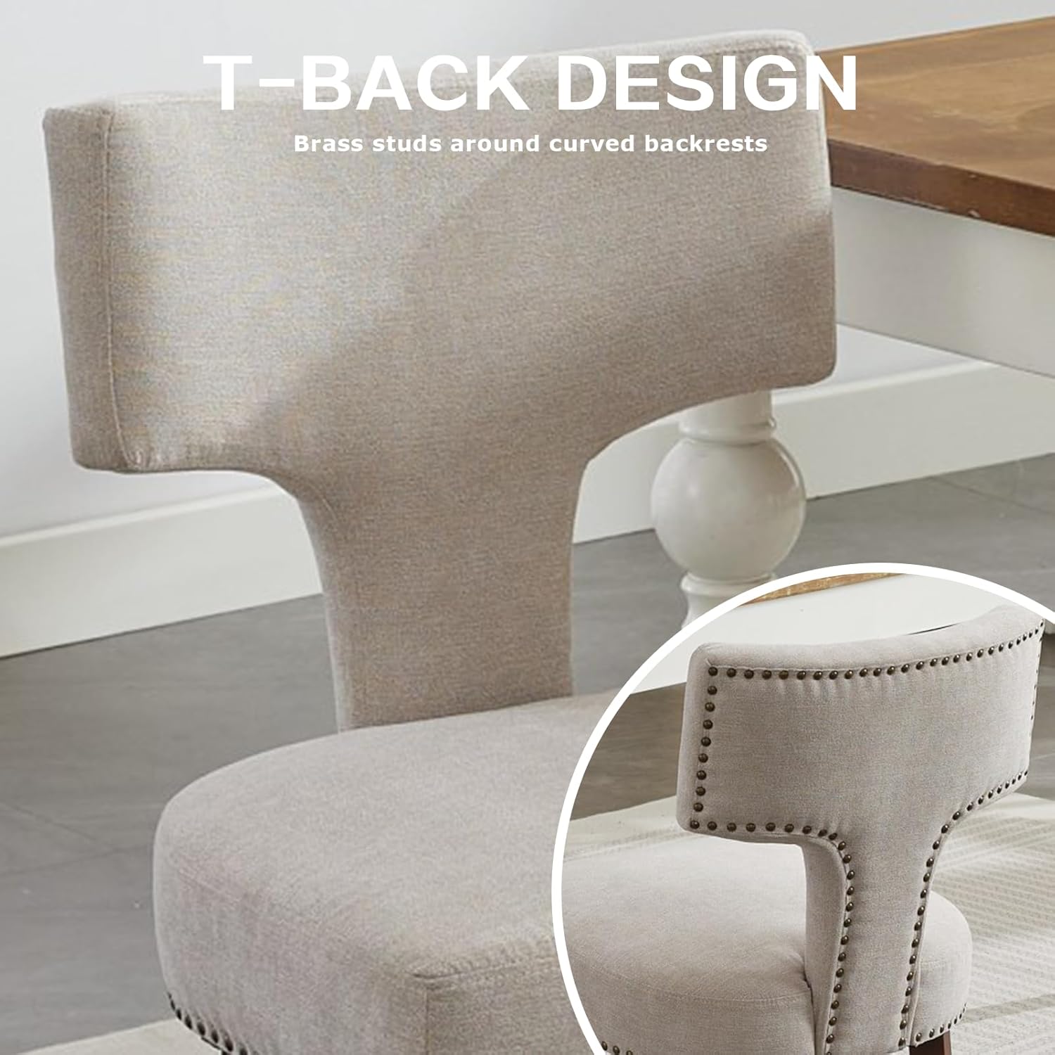 SoarFlash Modern Wooden Dining Chairs Set of 6, Farmhouse Linen Fabric Upholstered Accent Chair Curved Backrest with Copper Nails Around,Kitchen Chairs with Hardwood Frame, Beige