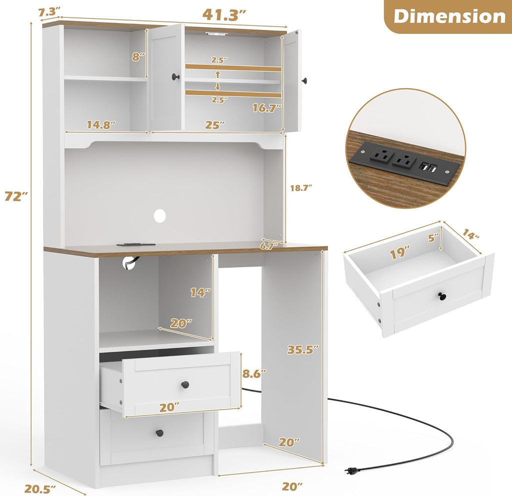 72" Kitchen Pantry Storage Cabinet with Fridge Space, Mini Fridge Cabinet with Charging Station, Large Pantry Cabinet with Drawers, Doors & Shelves, Kitchen Hutch with Microwave Stand, White