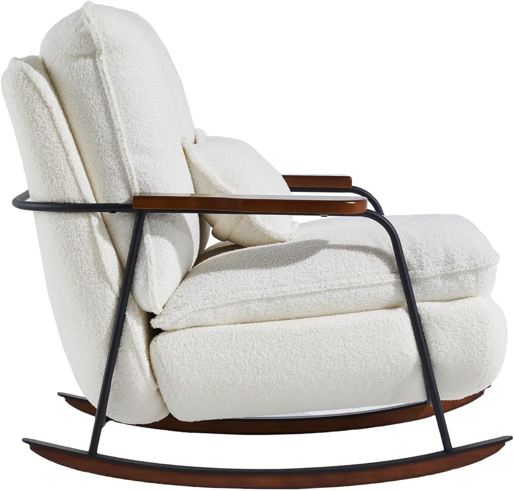 zyz Oversized Nursery Rocking Chair with Pillow, Teddy Upholstered Rocker Chair with Solid Wood & Steel Frame, 25° Gentle Rocking Accent Chair with DIY Ottoman Footrest for Living Room Bedroom, White