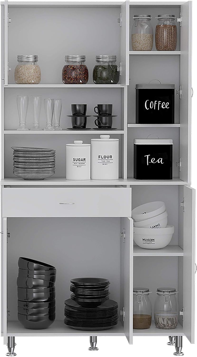 90 Kitchen Pantry Cabinet,Two Open Shelves,One Drawer,Multiple Cabinets,for Kitchen,Dining Room,White,35.4 * 13.7 * 66.5