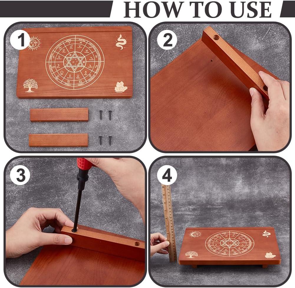 UNICRAFTALE Altar Table Wooden Small Altar Table 7.99x12 Inch Brown Meditation Table Engraved The Twelve Zodiac Rings Tree of Life Pattrns on Table Top for Room Decor Wiccan Supplies