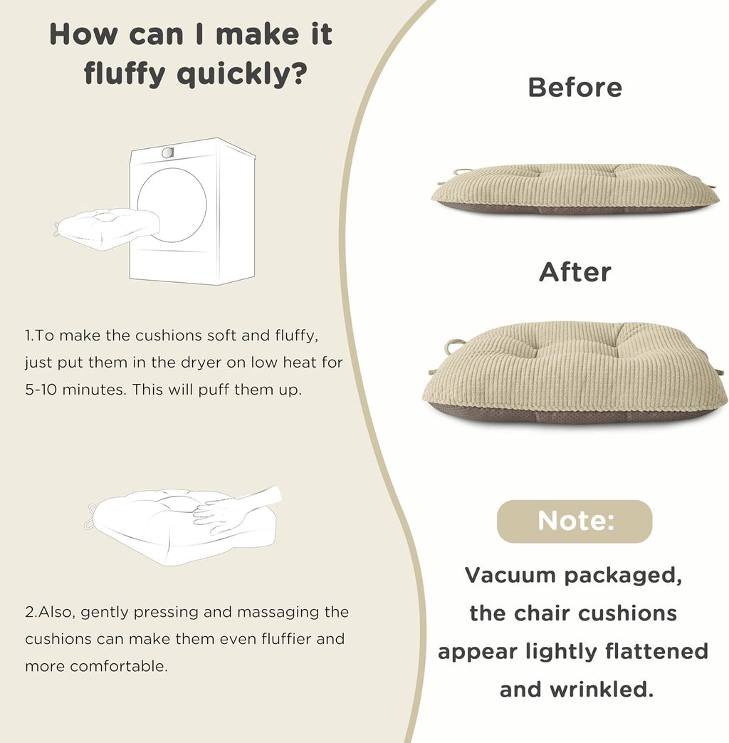 AddGrace Chair Cushions for Dining Chairs Set of 2 Non-Slip Kitchen Seat Cushions with Ties Tufted Thick Seat Pads for Indoor Kitchen Dining Furniture 17"x16"x3" Beige