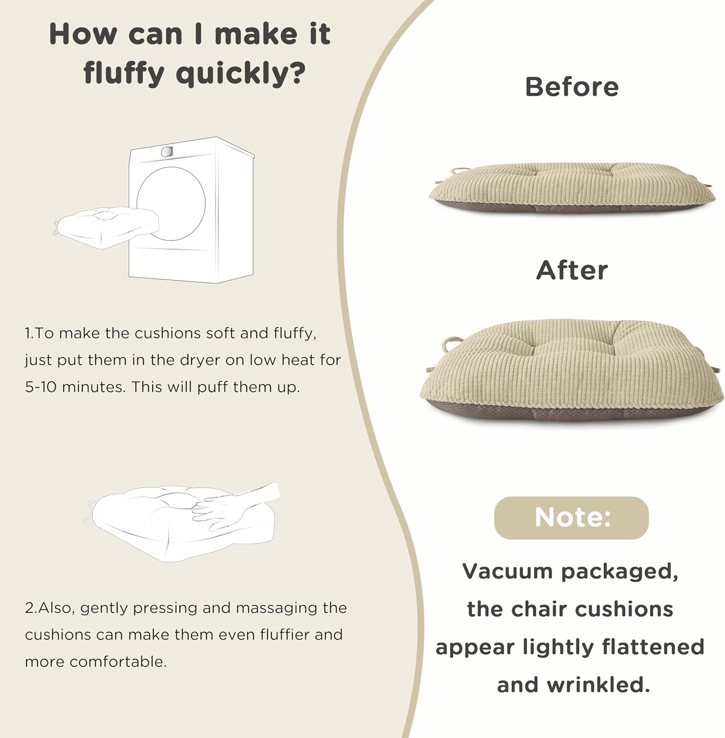 AddGrace Chair Cushions for Dining Chairs Set of 2 Non-Slip Kitchen Seat Cushions with Ties Tufted Thick Seat Pads for Indoor Kitchen Dining Furniture 17"x16"x3" Beige