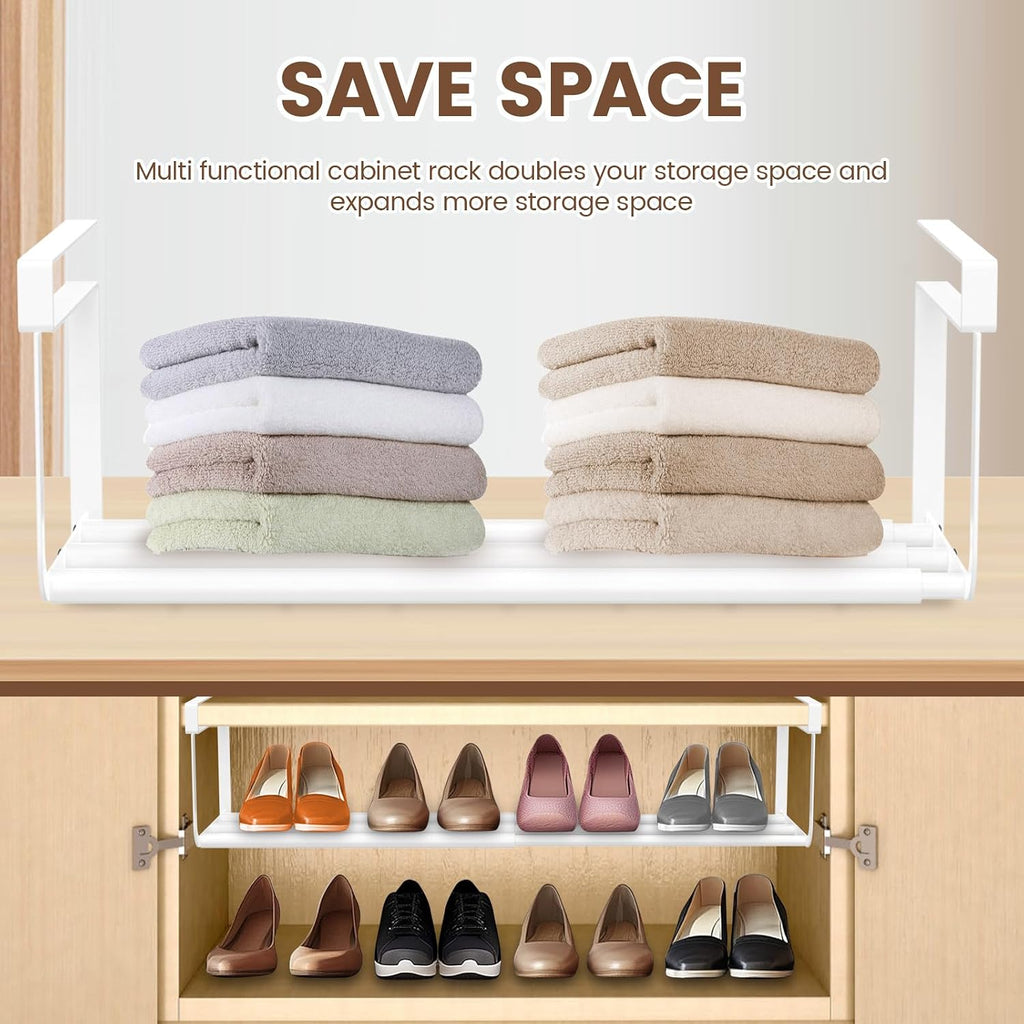 Shoe Storage Rack, Expandable Shoe Rack, Under Shelf Shoe Rack, Carbon Steel Under Shelf Shoe Rack Hanging Shoe Tray for Cabinet Shoe Cupboard (White)