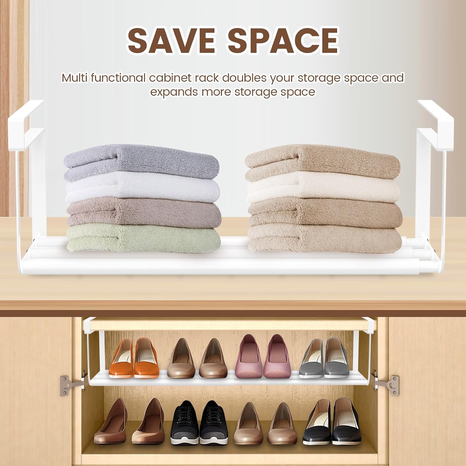 Shoe Storage Rack, Expandable Shoe Rack, Under Shelf Shoe Rack, Carbon Steel Under Shelf Shoe Rack Hanging Shoe Tray for Cabinet Shoe Cupboard (White)