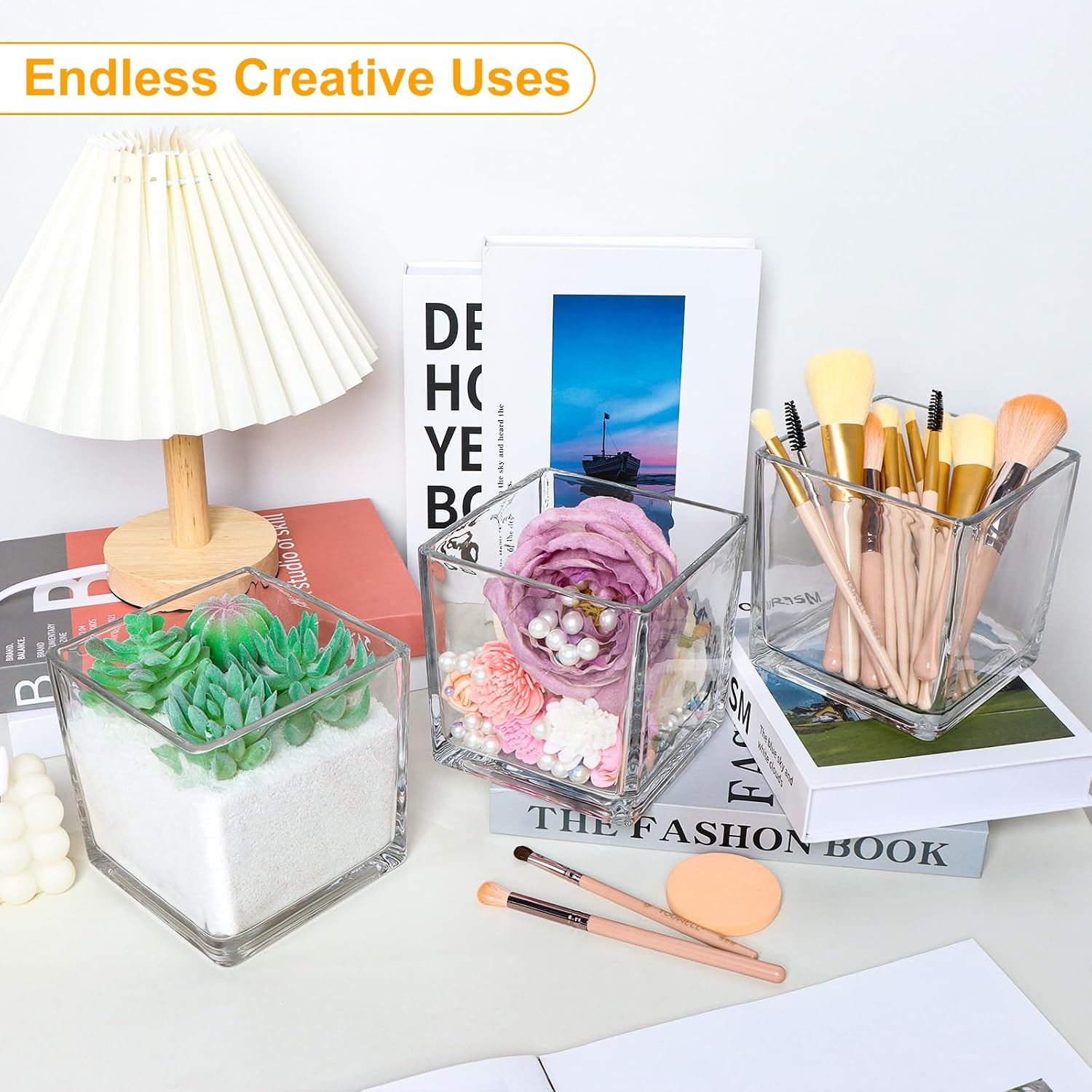 Set of 4 Square Glass Vases 5" x5" x 5", Clear Cube Flower Vases for Wedding Centerpieces, Candle Holders for Home Decor Party Events Ceremony