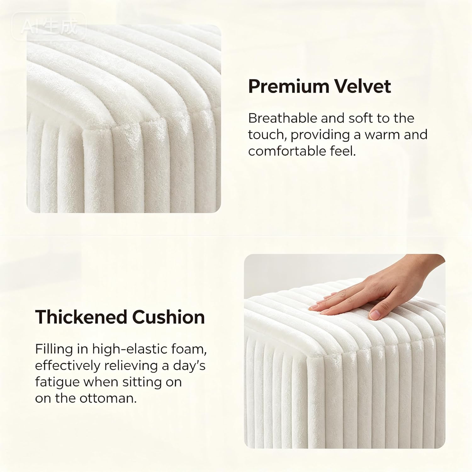 YDcosyfy Modern Square Ottoman, Vertical Channel Tufted Foot Stool Ottoman, Velvet Upholstered Vanity Stool for Makeup, Bedroom, Living Room, White