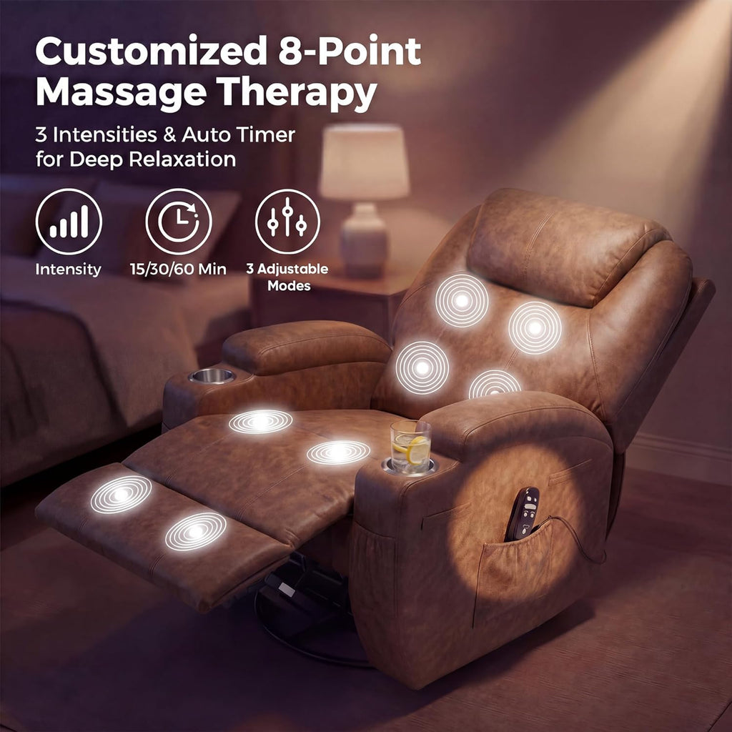 JUMMICO Small Swivel Rocker Recliner, 360 Rocking Chair Recliner with Massage, Upholstered Leathaire Rocker Recliner with Cup Holder for Living Room, Bedroom, Nursery (Dark Brown)