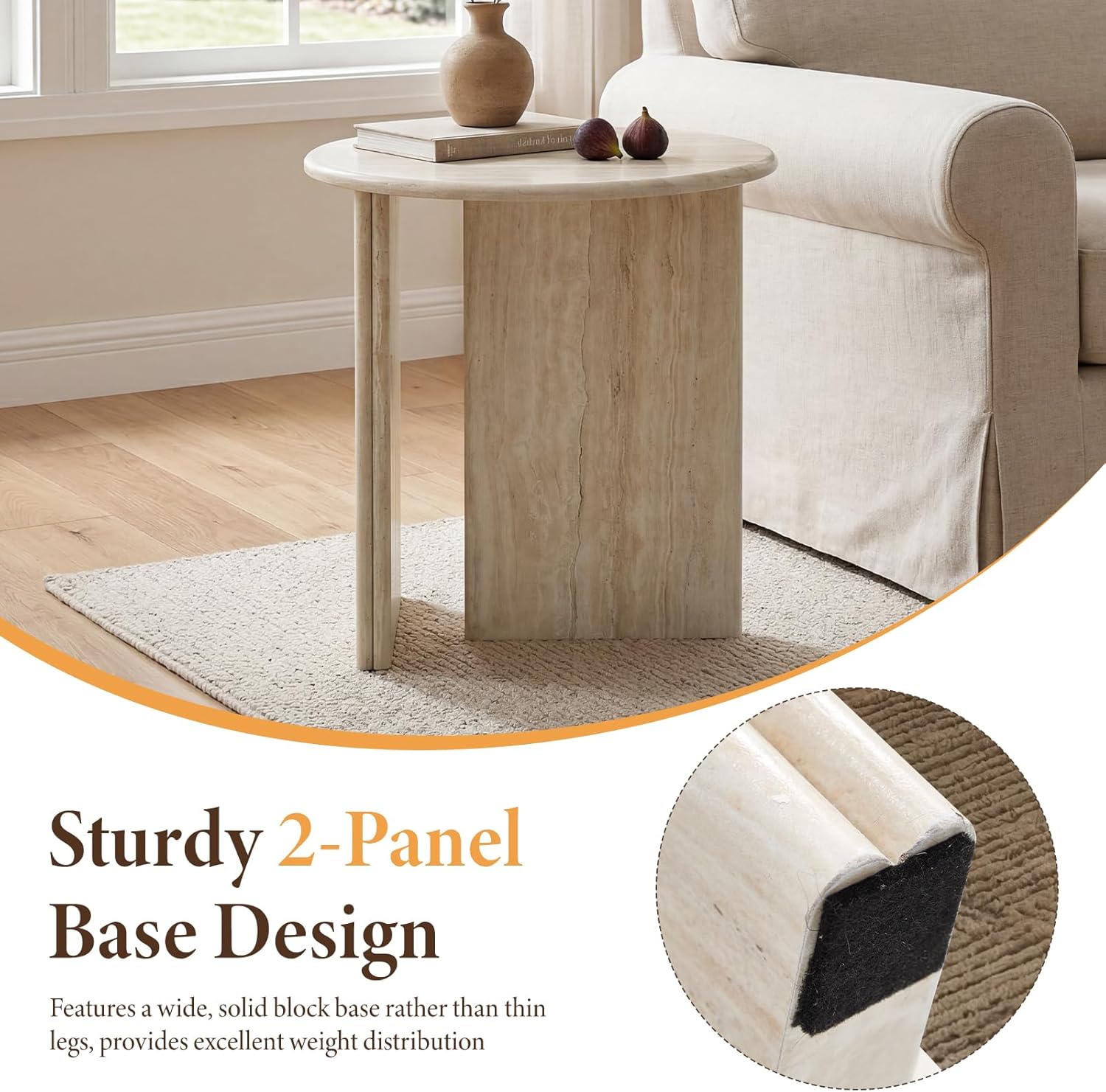 DUOMAY Wood Round Side Table Small Faux Marble Bedside Table 18" Modern End Table Natural Travertine Finish for Living Room, Bedroom, Sofa Side, Reception Room, Luxury Minimalist, Beige