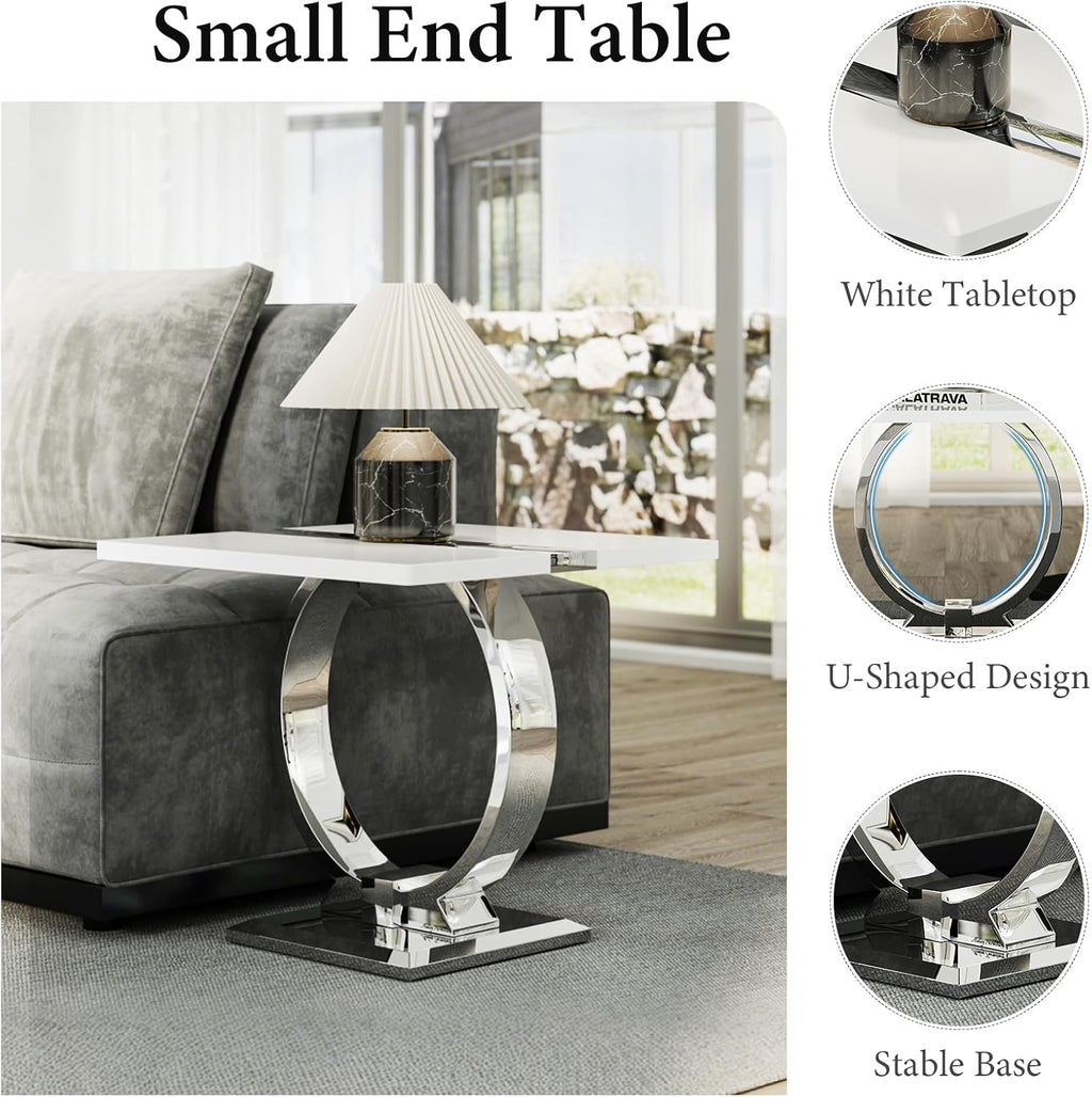 Asday 23.6" White and Silver End Table, Modern Side Table with Glossy Wooden Top and Stainless Steel U-Shaped Base, Accent Table for Living Room, Bedroom, Lounge
