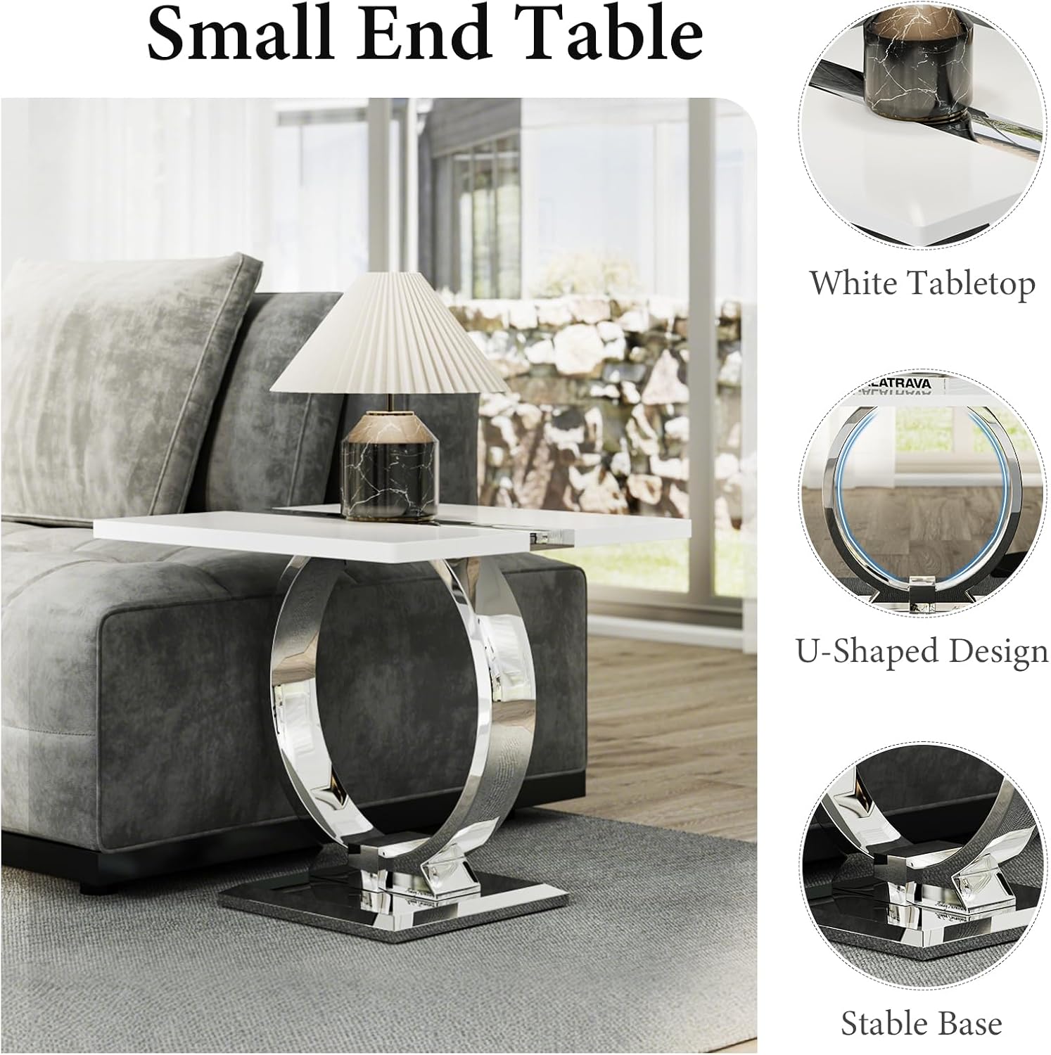 Asday 23.6" White and Silver End Table, Modern Side Table with Glossy Wooden Top and Stainless Steel U-Shaped Base, Accent Table for Living Room, Bedroom, Lounge