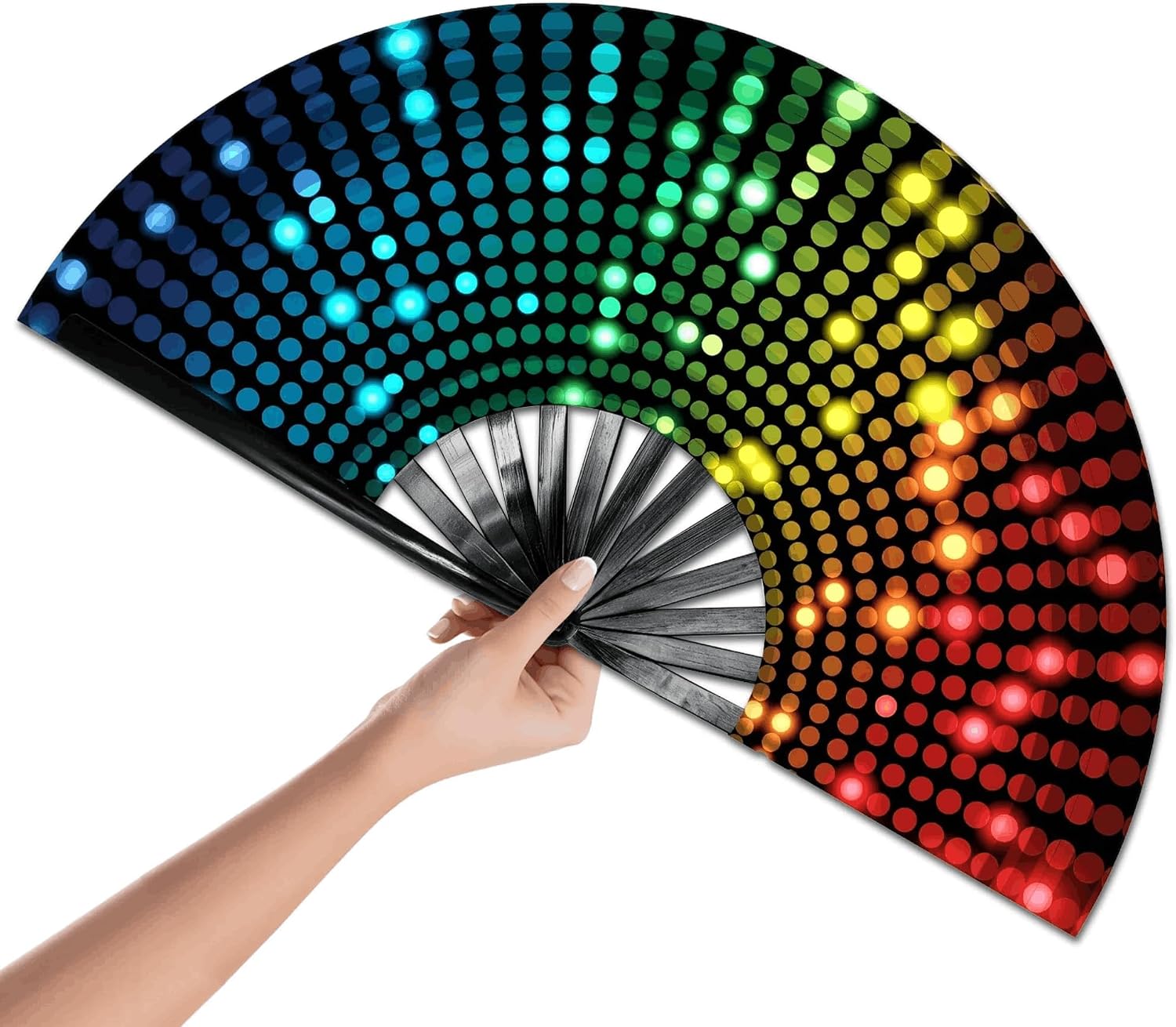 Large Glow Rave Fan, 13 Inch Folding Clack Hand Fan with DJ Lighting Effects - Portable Handheld Line Dancing Fan for Music Festivals, EDM Parties & Rave Outfit Accessories