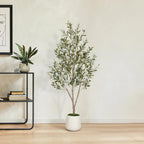 5FT Artificial Olive Tree Indoor Tall Faux Olive Trees with White Planter Natural Wood Trunk and Lifelike Fruits Potted Realistic for Home Office Living Room Decor