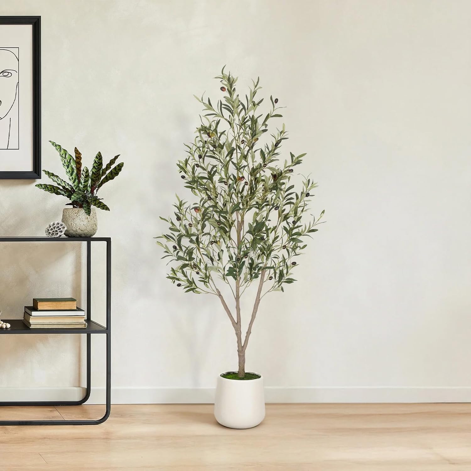 5FT Artificial Olive Tree Indoor Tall Faux Olive Trees with White Planter Natural Wood Trunk and Lifelike Fruits Potted Realistic for Home Office Living Room Decor