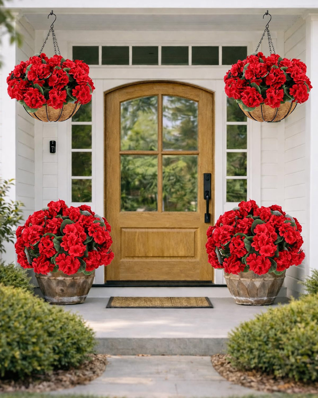 Artificial Flowers for Outdoors – 6 Bundles of UV-Resistant Artificial Geraniums, Realistic Silk Flowers for Front Porch, Patio, Garden, Window Boxes & Hanging Baskets (red, 6)