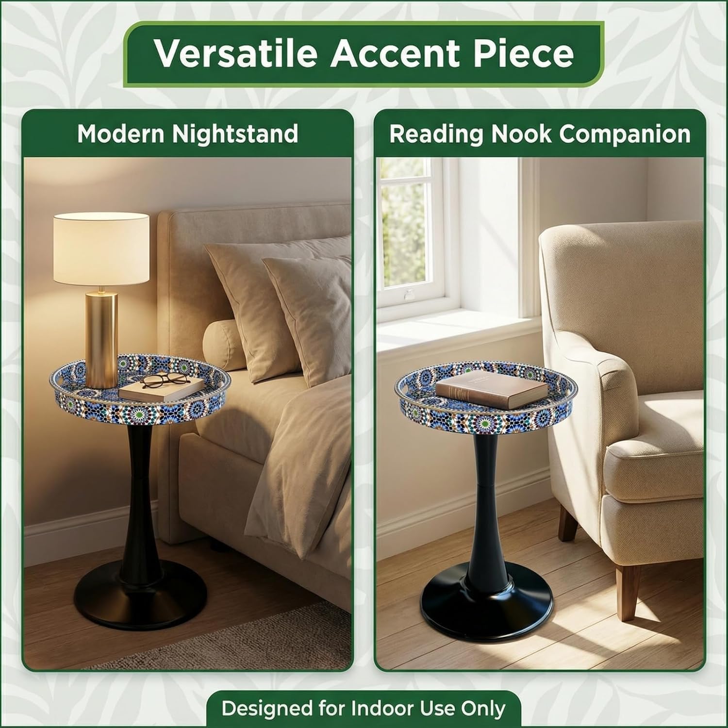 Gesodant Boho Chic Round Side Table, 13" Artistic Patterned Small Drink Table with Glossy Tray Top, Stable Hourglass Pedestal Base, Unique Plastic End Table for Living Room, (Moroccan)