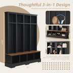SOFTSEA 59 Inch Wide Hall Tree with Storage Bench, Farmhouse Entryway Bench with 8 Hooks and Storage Shelves, Modern Coat Rack with Shoe Cabinets for Mudroom, Living Room, Black