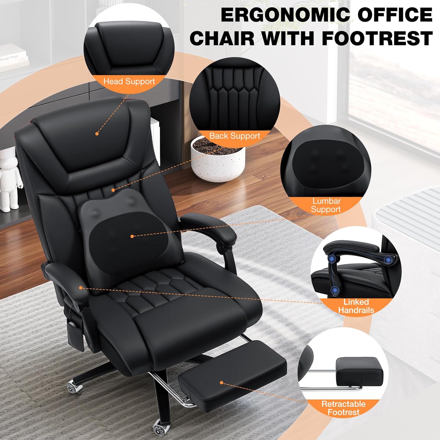 HOFFREE 500lbs Kneading Massage Office Chair with Heat for Heavy People Big and Tall Office Chair with Footrest and Lumbar Support Pillow for Bedroom,Office,Conference Room (Black)