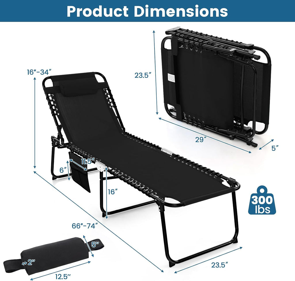 Tangkula Beach Lounge Chair for Outside, Folding Chaise Lounge Outdoor with 4-Position Backrest, Removable Headrest and Side Pocket, Portable Sunbathing Tanning Chair for Patio, Poolside (1, Black)