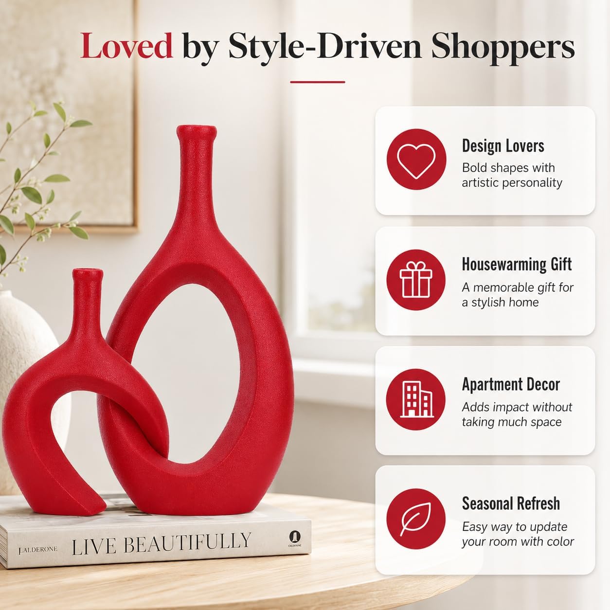 Dark Red Unique Hollow Bud Vases Set of 2,Modern Snuggle and Huging Style Ceramic Vase for Pampas Grass,Living Room Decorations for Fireplace,Coffee Table Centerpiece,Mantle,Bookshelf Decor