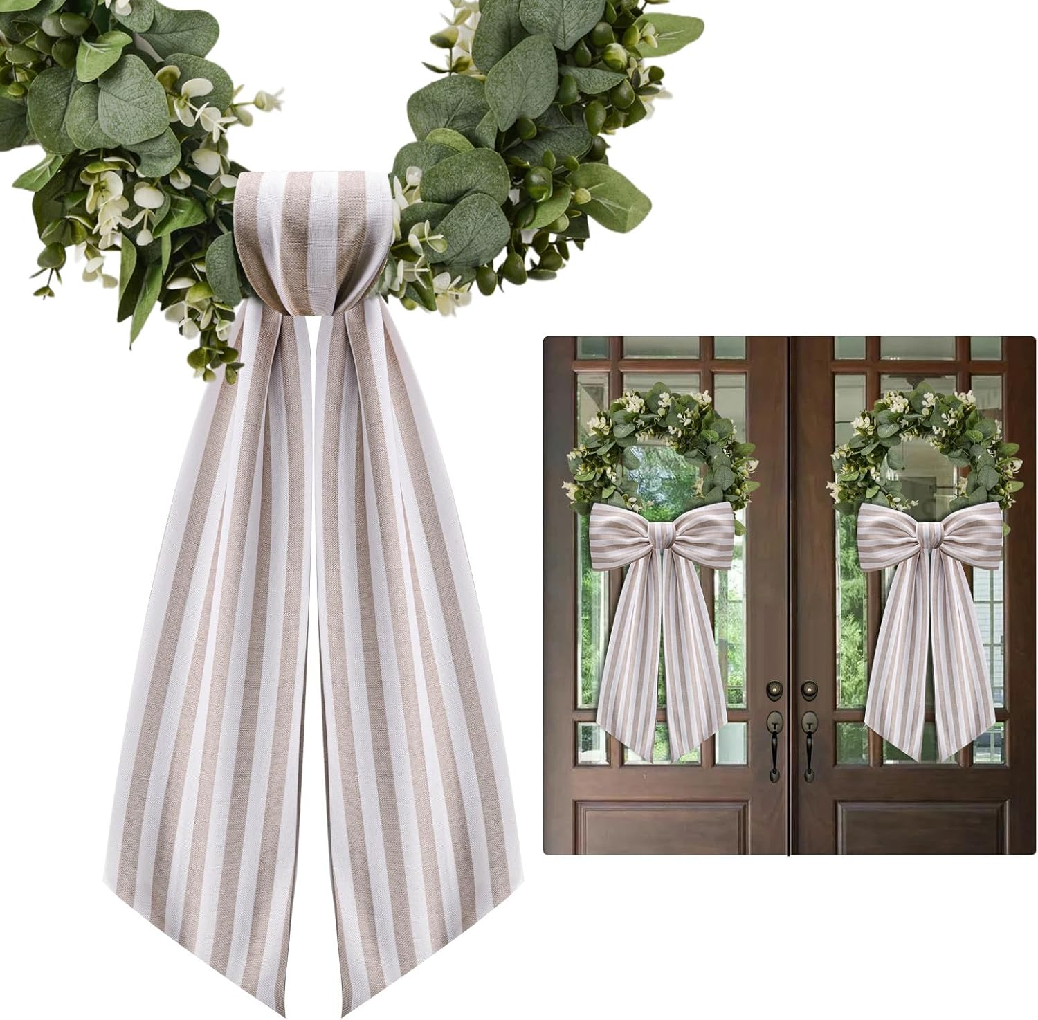 2 Pack Wreath Sash for Front Door Stripe Boxwood Sash Garland Porch Decor Wreath Accessories (Beige and White Stripe)