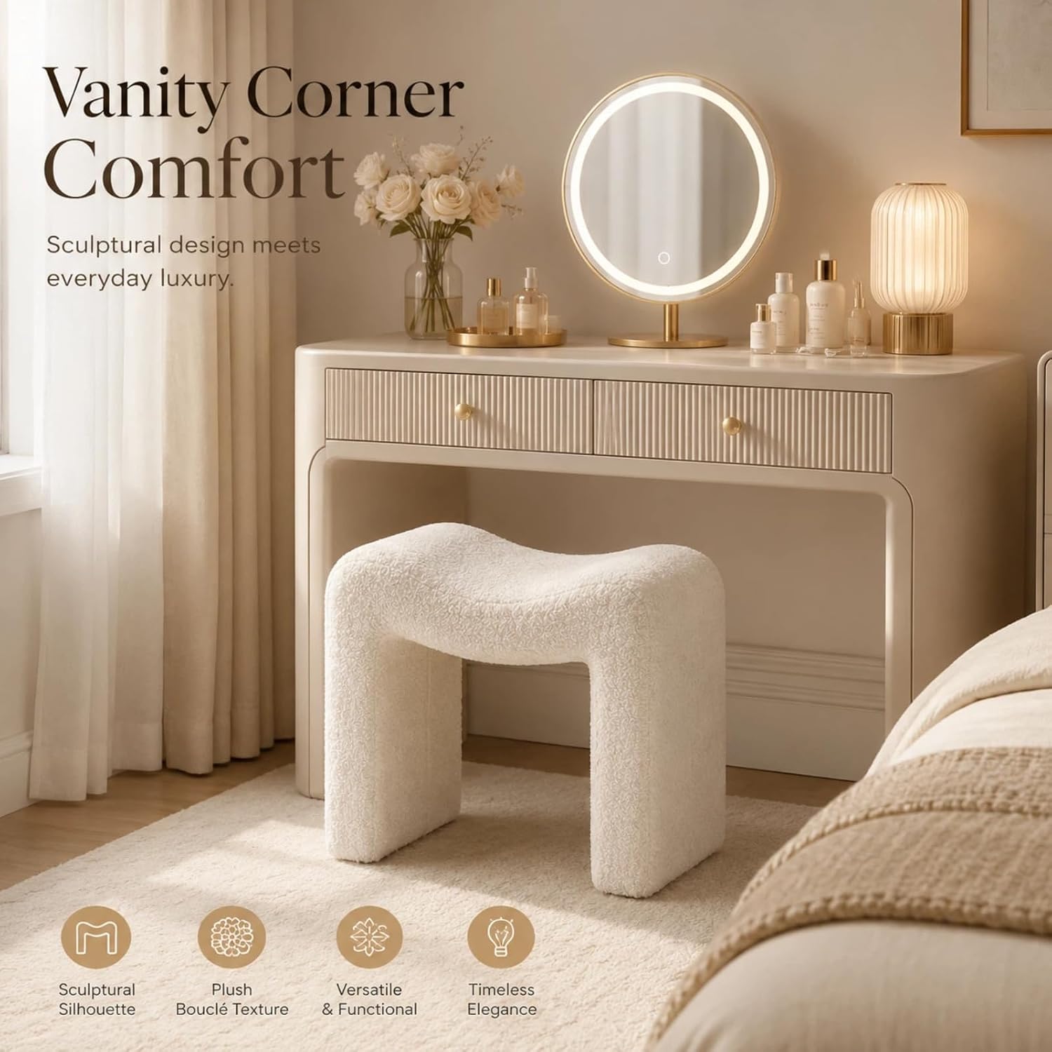 Wimarsbon Vanity Stool Chair, Modern Teddy Velvet Ottoman Footrest, Sofa Bench Footstool Extra Seat, Home Decor for Makeup Room, Living Room, Entryway, Office (M Shaped White)
