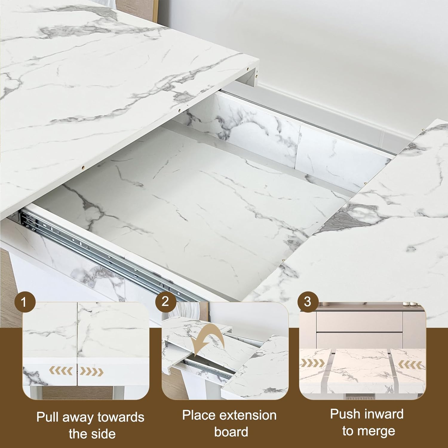 White Faux Marble Dining Room Table Set for 4, 5-Piece 63"-78.74" Extendable Dining Table Set with 4 Chairs, Rectangle Wooden Expanding Kitchen Table and Grey Upholstered Chairs Set
