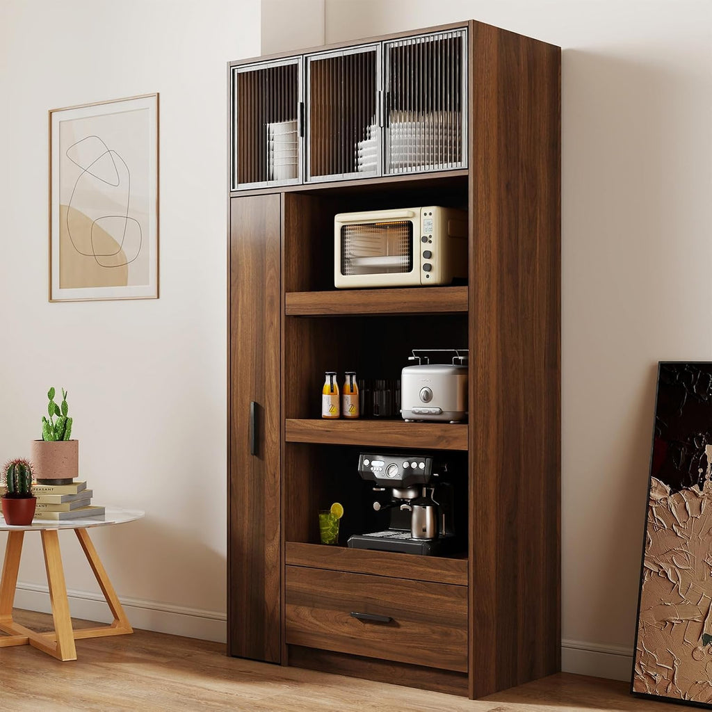 Tall Kitchen Hutch Cabinet with Pull-out Shelves & Drawer Freestanding Pantry Cabinet Large with Cable Management Glass Door Cupboard for Kitchen, Dining Room with Microwave Countertop Walnut Finish
