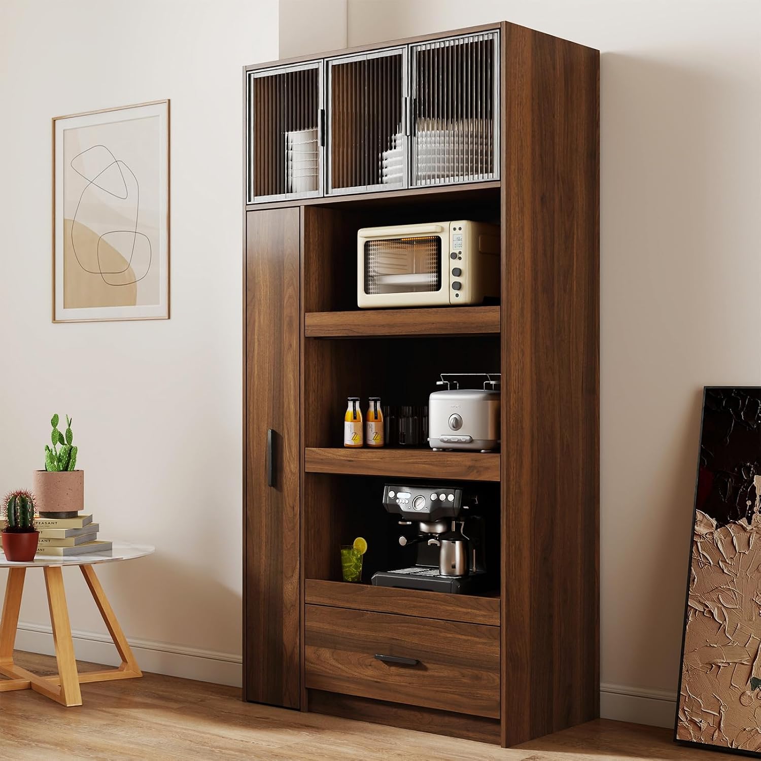 Tall Kitchen Hutch Cabinet with Pull-out Shelves & Drawer Freestanding Pantry Cabinet Large with Cable Management Glass Door Cupboard for Kitchen, Dining Room with Microwave Countertop Walnut Finish